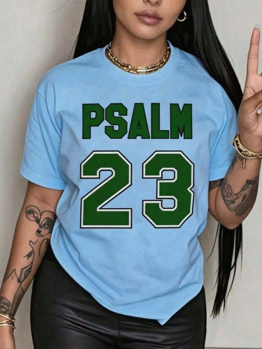 Women's Christian Faith T-Shirt With Psalm 23 Bible Verse - Soft And Breathable, 100% Casual, Crew Neck, Short Sleeve, Suitable For Church, Casual Wear And Personal Expression - Machine Washable, White And Green Lettering - Ideal Gift For Believers - Artistic Geometric Design, Loose Fit For Spring And Summer, Fashionable And Comfortable For Everyday Wear - 藍色 - 查看 1