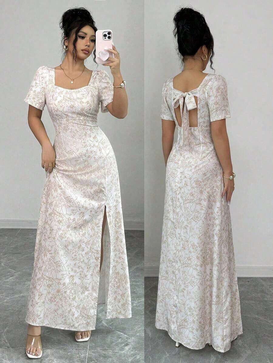 YHHSHEIN Raffinéa Nuevo vestido elegante con estampado y cuello cuadradoYHH - Caqui - Ver 1