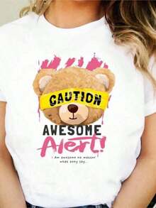 Camiseta estampada para mujer estilo años 90, ropa linda de manga corta, camiseta con diseño de oso de dibujos animados, camiseta casual versátil de moda para mujer, blusas. - Blanco - Ver 6