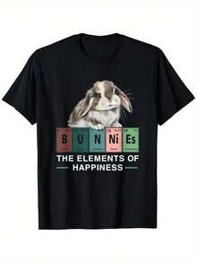 Elements Of Happiness Mini Holland Lop Bunny Rabbit Lover T-Shirt Men's Casual Cotton T-Shirt - Black Graphic T-Shirt 100% Soft Cotton - 黑色 - 查看 7