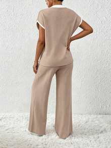 Plus Size Women Solid Color Casual Contrast Color Round Neck Knit Top And Knit Pants Set - Apricot - View 3