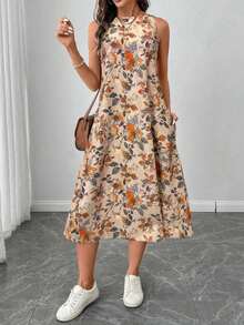 LUNE Vestido midi casual y elegante de cuello redondo, sin mangas, con bajo acampanado y estampado floral retro - Naranja - Ver 4