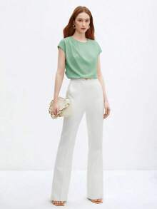 Blusa nueva de primavera/verano con diseño de hombros plisados de cuello redondo en azul, camisa elegante y única para salidas, oficina, ocasiones formales, moda básica profesional casual de alta gama, invitada de boda, fiesta, estilo del milenio, - verde menta - Ver 2
