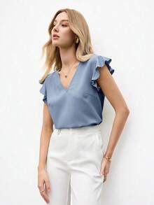 Blusa holgada de manga abullonada y cuello en V para mujer, estilo urbano básico, elegante y minimalista para uso casual en la oficina, adecuada para maestras y atuendo de negocios, otoño - Azul - Ver 7