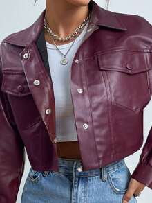 Chaqueta corta de PU con bolsillo con solapa y hombros caídos para mujer, ideal para primavera, otoño e invierno - Burdeos - Ver 6
