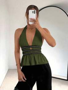 Nuevo top halter de verano con diseño de cintura con remaches para mujeres - Verde militar - Ver 6