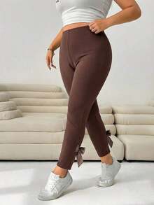 Pantalones casuales ajustados de color negro con decoración de moño y abertura lateral para mujer de talla grande, para verano, otoño, lindos, vacaciones en la playa, estilo occidental, concierto de música country, escuela, brunch - Marrón Chocolate - Ver 4