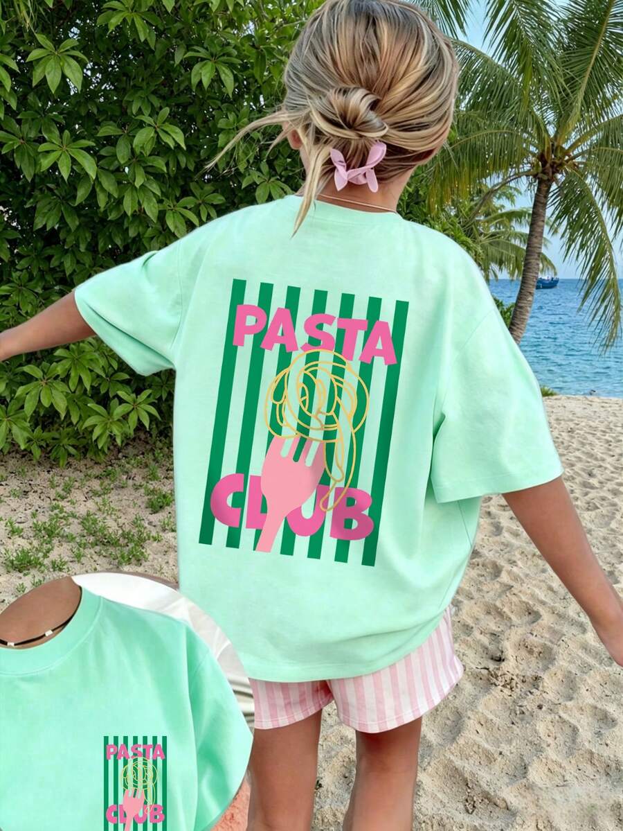 Girls "Pasta Club" Pasta Graphic Short Sleeve T-Shirt, Casual Round Neck Cute Food Print Top For Summer, Suitable For Teens - Mint Green - View 1
