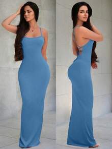 Vestido largo de uso diario con tiras cruzadas sencillas y liso para mujer - Azul - Ver 2