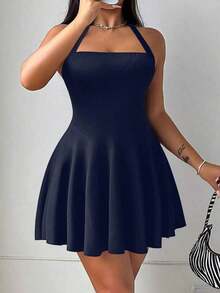 Vestido corto sin mangas de unicolor para mujer, atuendo casual y de uso diario en color borgoña - Azul marino - Ver 3