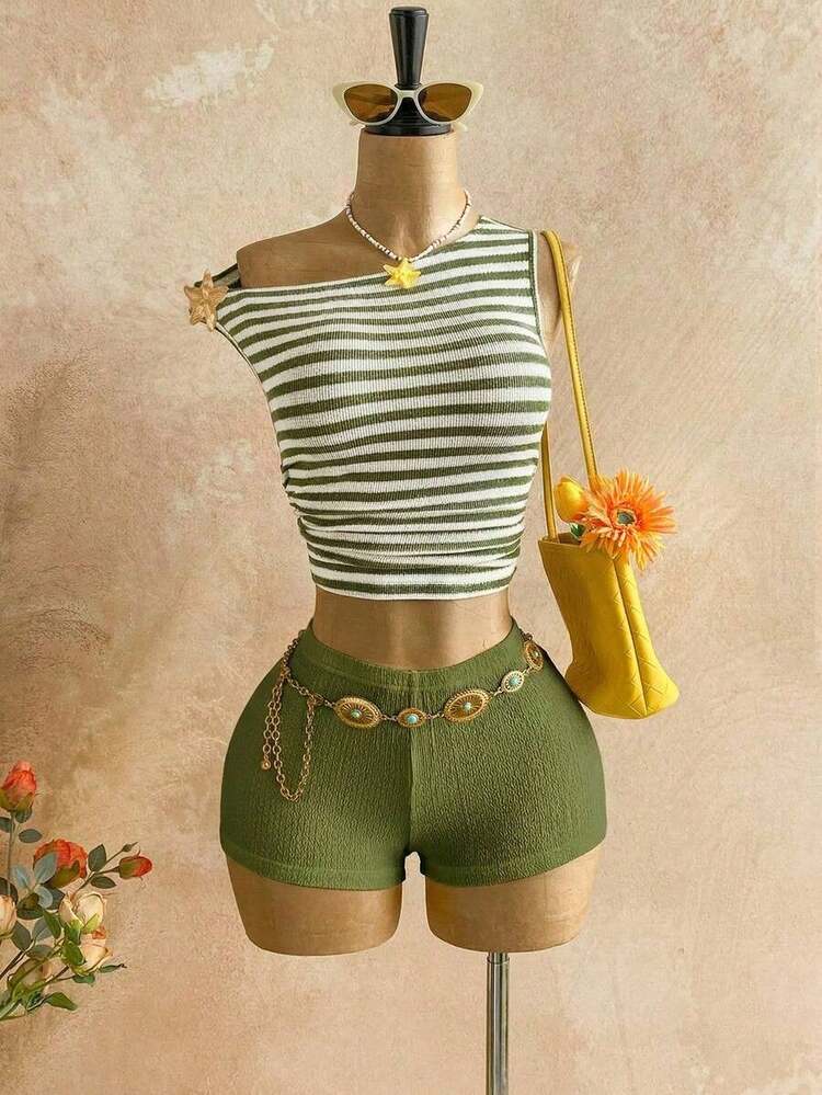 Nuevo conjunto informal de 2 piezas para mujer con hombro asimétrico, textura esponjosa, estampado floral y espalda descubierta, ideal para vacaciones, boda, graduación, Día de San Patricio, primavera, festival de música, elegante estilo boho tropical - Verde - Añade 7