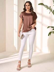 Blusa suelta elegante de verano para mujer con cuello redondo, mangas cortas tipo murciélago y unicolor - Blusas de manga corta - Marrón - Ver 6