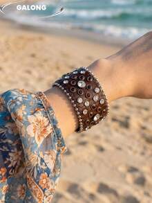 1pc Punk Hip-Hop Rhinestone Embellished Wide Leather Bracelet, Vintage Wasteland Style Bangle Wristband, Suitable For Parties, Music Festivals, Street Wear - Dots - View 5