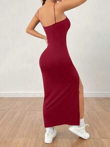 Vestido largo negro de mujer con correa de abertura alta y unicolor - Burdeos - Ver 2