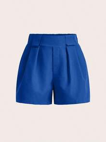 Pantalones cortos casuales sueltos con piernas anchas y plisados de unicolor para mujeres - Azul - Ver 3
