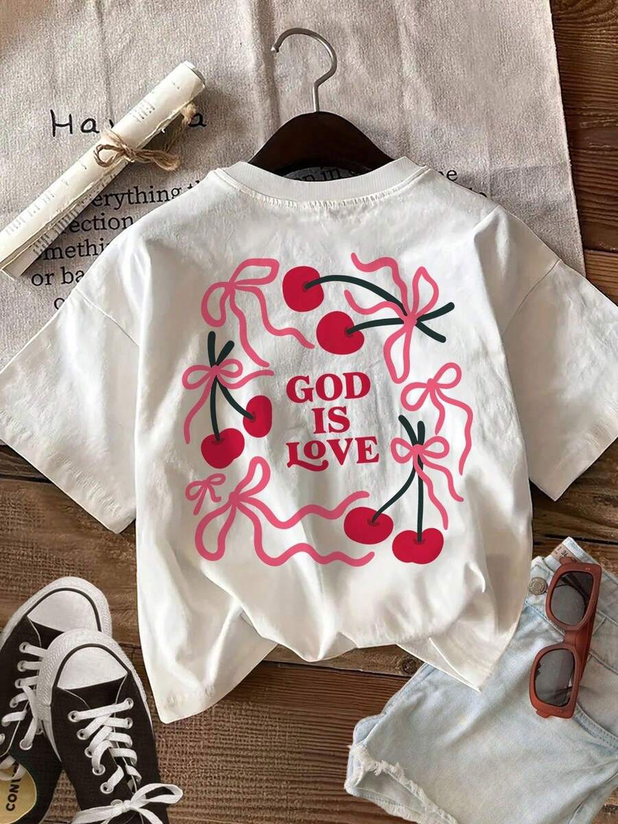 Camiseta de manga corta con estampado gráfico y cuello redondo, top casual de verano y primavera, ropa de mujer - Blanco - Ver 1