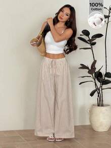 Pantalones casuales anchos de pierna ancha con rayas para mujer - Caqui 2 - Ver 7