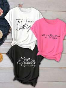 Women's Casual Short-Sleeved T-Shirt, Single Garment, Not A 3-Piece Set. This One-Piece T-Shirt Is Suitable For Streetwear. The Oversized Crew Neck Top Is Perfect For Everyday Outings, Camping, Concerts, Hip-Hop, Rock, And Rap Events. It Features A Print With The Message "I'm With You, Take A Deep Breath And Start Again, Every Day Is A New Beginning." Made Of Pure Cotton, This Breathable, Casual, Sporty T-Shirt Makes A Great Gift For The Holidays. - 白色 - 查看 8