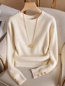 Elegante camiseta de punto de cuello redondo, top de punto minimalista de moda, otoño/invierno - Albaricoque - Ver 3