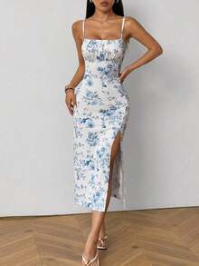 Vestido midi de leopardo con abertura lateral y tirantes - Multicolor - Ver 5