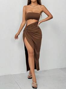 Vestido elástico con corte, frontal retorcido y abertura alta en el muslo - Marrón - Ver 8
