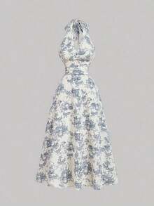 Vestido de mujer de moda con estampado total, cuello halter y lazo en la cintura, de largo medio - Azul y blanco - Ver 5