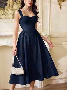 Vestido de mujer elegante y vintage con bolsillos, vestido casual para té, fiesta, vacaciones, verano, para fiesta, boda, graduación, cumpleaños, Pascua y primavera - Azul marino - Ver 1