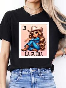 Camiseta Casual de Manga Corta para Mujer con Estampado de Letras en Español y Cuello Redondo, Tejido Transpirable de Elasticidad Media, Lavable a Máquina para Primavera-Verano, Camiseta Diaria| Diseño Divertido Gráfico| Tejido Elástico, Camisas para Damas - Negro - Ver 1