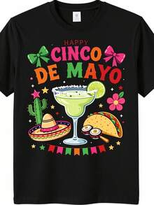 Unisex Comfortable Crew Neck Vintage Style T-Shirt Perfect For Training, Running And Everyday Wear Happy Cinco De Mayo Mexican Fiesta, Same Style For Men And Women Summer Short Sleeve Printed T-Shirt 2025 Pure 220G - 黑色 - 查看 1