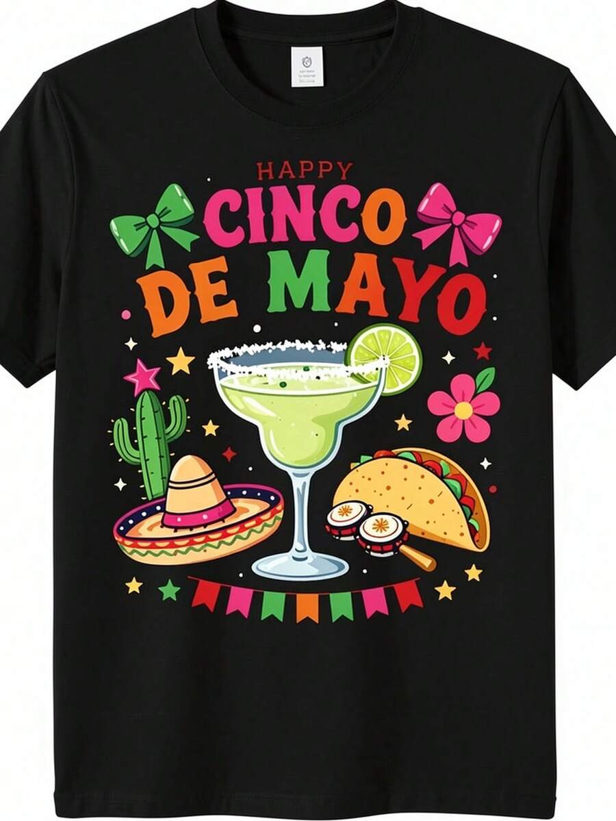 Unisex Comfortable Crew Neck Vintage Style T-Shirt Perfect For Training, Running And Everyday Wear Happy Cinco De Mayo Mexican Fiesta, Same Style For Men And Women Summer Short Sleeve Printed T-Shirt 2025 Pure 220G - 黑色 - 查看 1