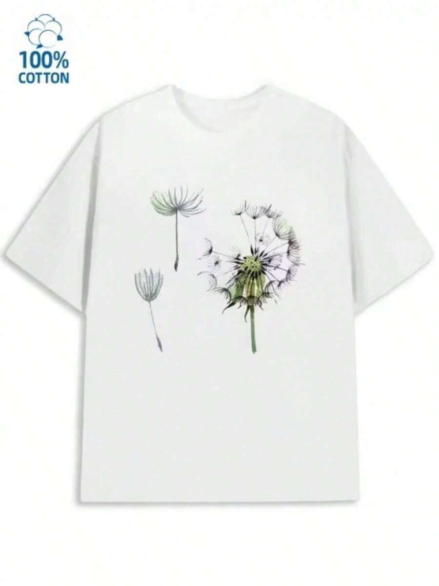 Camiseta de mujer 100% algodón con estampado gráfico de una delicada ilustración de acuarela de diente de león. - Blanco - Ver 1