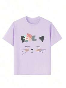 Camiseta de manga corta con cuello redondo y estampado divertido para niñas preadolescentes, top de verano - Verde militar - Ver 3