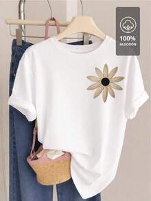 Beige Floral Print T-Shirt | 100% Cotton - [白色的] - 查看 2