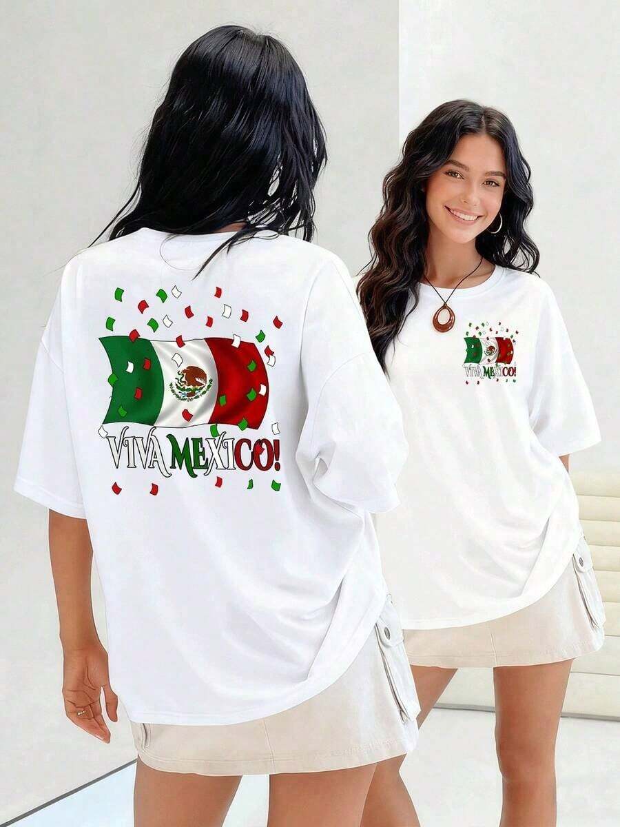 Mexican Flag Waving With Tricolor Confetti Celebrating Culture And National Pride - Women's T-Shirt. Viva Mexico! 100% Cotton For Maximum Comfort And Breathability. Suitable For Spring, Summer, And Autumn. - 白色 - 查看 1