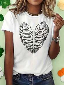 Camiseta gótica de mujer con estampado de esqueleto y corazón - Camiseta de manga corta con cuello redondo y estampado gótico, top casual vanguardista, adecuada para Halloween y uso diario, lavable a máquina, artículo regular no incluido en la colección de ropa de abrigo, camiseta vintage de talla grande para mujer, ideal para vacaciones en la playa. - Blanco - Ver 6