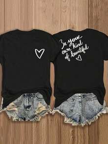 Camiseta de Cuello Redondo para Mujer FASHIOGIRL con Estampado de Corazón en la Parte Delantera y el Eslógán Be Yourself, Be Beautiful en la Parte Trasera - Negro - Ver 6