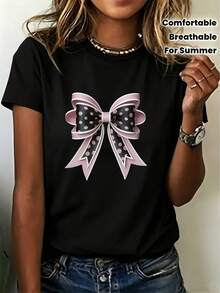 1 camiseta de mujer con lazo y lunares - suave y transpirable, adecuada para salidas de verano, reuniones familiares y regalos corporativos para team-building. Camiseta casual de 180g, 100% algodón. - Negro - Ver 11