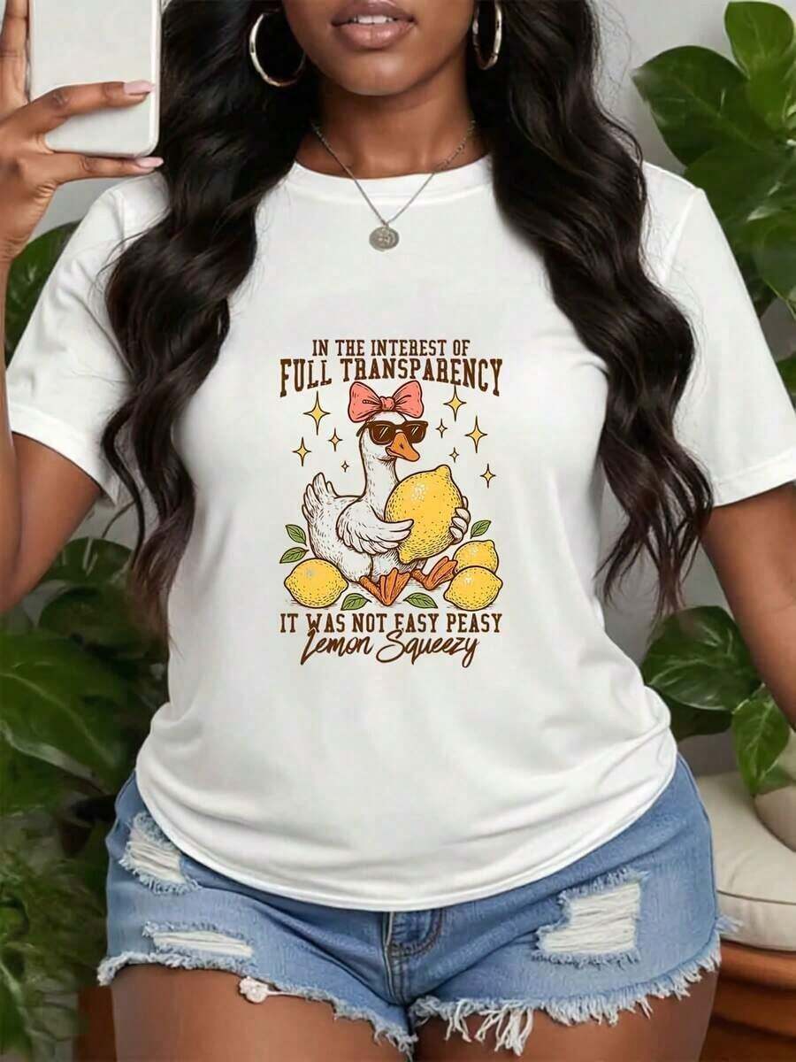 Women's Summer Casual T-Shirt With Letter And Fruit Print, Short Sleeve Lemon Design T-Shirt, Graphic T-Shirt With Lemon And Bow Design, Casual Vacation Style T-Shirt, Summer Clothing, 100% Cotton, Durable - 白色 - 查看 1