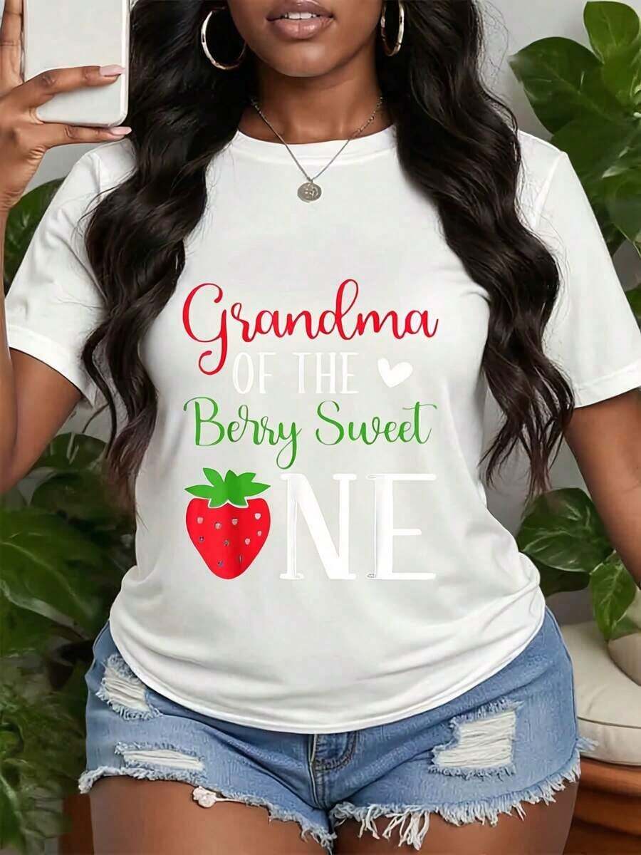 Casual T-Shirt, Colorful T-Shirt With Strawberry And Letter Print, Cute Strawberry T-Shirt, Gift For Fruit Lovers, Strawberry T-Shirt For Women, Can Be A Gift For Grandma, Mother And Sister, 100% Cotton, Durable - 白色 - 查看 1
