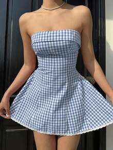 Vestido corto de vacaciones para mujer, de cintura ceñida y volante con estampado vintage a cuadros rojos y blancos - Azul y blanco - Ver 6