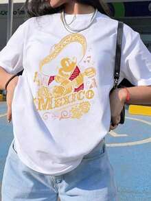 Officially Licensed, Women's Casual Cotton T-Shirt, Short Sleeve, Round Neck, Black, With Mexico Graphic Print, Breathable And Lightweight, Suitable For Sports And Casual Wear, Ideal For Gifts, Suitable For Parties. - 白色 - 查看 6