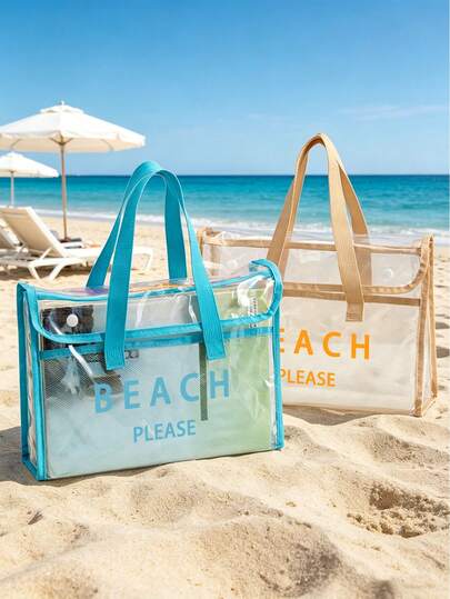 PVC防水沙滩包，印有色彩鲜艳的“BEACH PLEASE”图案，女士沙滩包，透明手提包，果冻手提包，大号泳池手提包，邮轮度假必备，沙滩包配件，旅行必备，适合海滩、旅行、购物、户外活动、工作、上学和日常使用，独特的生日礼物、节日礼物、派对礼物、度假礼物、结婚礼物、返校礼物