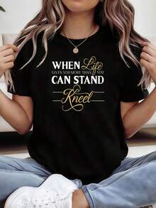 Wind Healing Power WHEN LIFE GIVES YOU MORE THAN YOU CAN BEAR Women's Knee Print T-Shirt For Spring/Summer, Suitable For Daily Wear, Self-Comfort And Encouragement From Friends And Family, Short Sleeve Set For A Casual Urban Style. - 黑色 - 查看 7