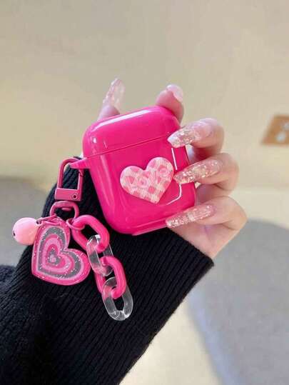 Millennial Pink Heart-Shaped Earphone Case Compatible With Apple 1/2/3/4, Pro 2/3, Bluetooth Earphones - Pink Plaid Heart-Shaped Case With Pendant