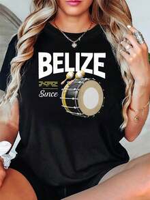 Belize Music Themed Women's T-Shirt - Drum And Maracas Slogan Decoration, Casual Short Sleeve, White-Yellow, Retro Style, Lively, For Travel And Music Lovers - 黑色 - 查看 1