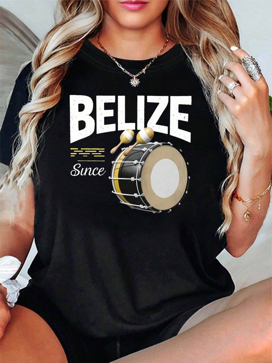 Belize Music Themed Women's T-Shirt - Drum And Maracas Slogan Decoration, Casual Short Sleeve, White-Yellow, Retro Style, Lively, For Travel And Music Lovers - 黑色 - 查看 1