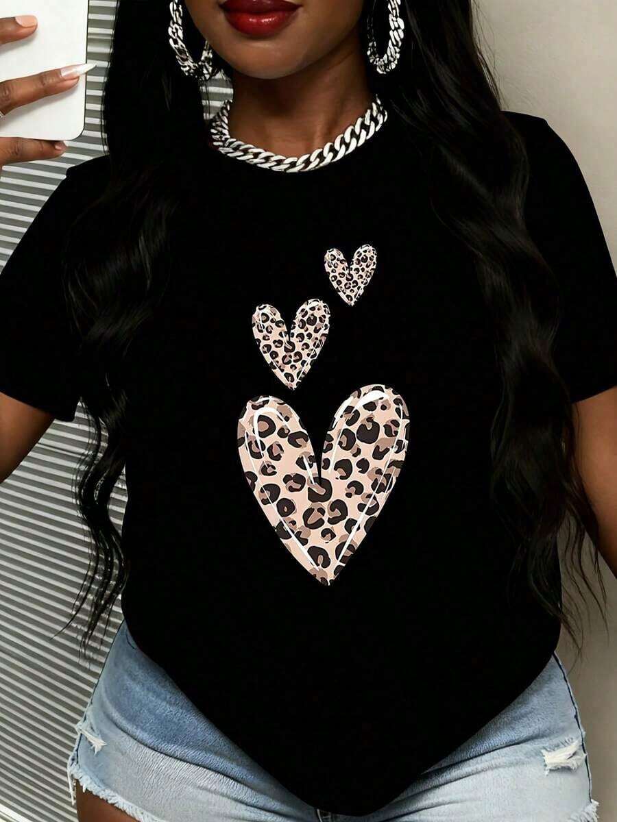 Women's White Heart And Leopard Print T-Shirt, Short Sleeve, Casual Style, For Everyday Wear, Valentine's Day Gift - 黑色 - 查看 1