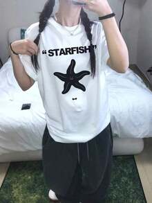 Women's Y2K Style "STARFISH" Graphic T-Shirt - Soft Crew Neck Short Sleeve T-Shirt, Casual Summer Loose Fit With Starfish Print, Black And White Design, Perfect For Casual Outfits And Relaxed Outings | Y2K Fashion | Comfortable Fit - 白色 - 查看 7