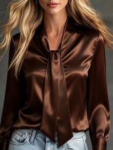 Camisa de satén marrón para mujer con detalle de corbata de moño, blusa elegante de manga larga para oficina y fiesta - Óxido marrón - Ver 1