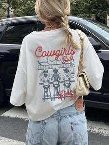 Limited Edition: Women's Casual T-Shirt With Cowgirls Club Print, Short Sleeve, Round Neck, Drop Shoulders, Regular Length, Medium Stretch Knit Fabric, Lightweight Cotton - 白色的 - 查看 6